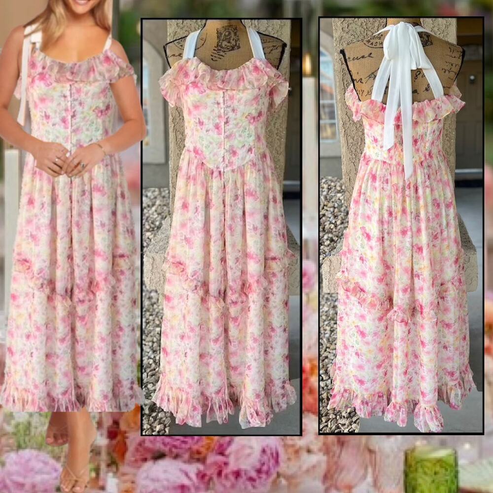 Petal and Pup Ruffle Button Down Detail Tie Strap Pink Zenith Maxi Dress Size: L